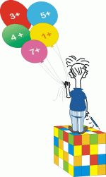 Grafik: Bub auf Würfel hält Luftballons mit Zahlen